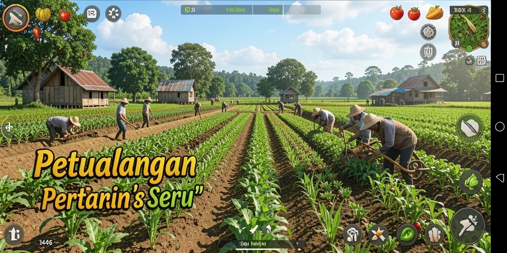 Tangkapan layar gameplay 3446 menunjukkan aktivitas bertani yang seru.