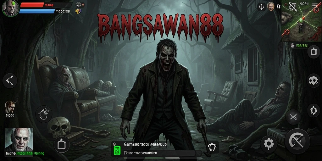 Screenshot gameplay BANGSAWAN88 menampilkan suasana horor yang mencekam.