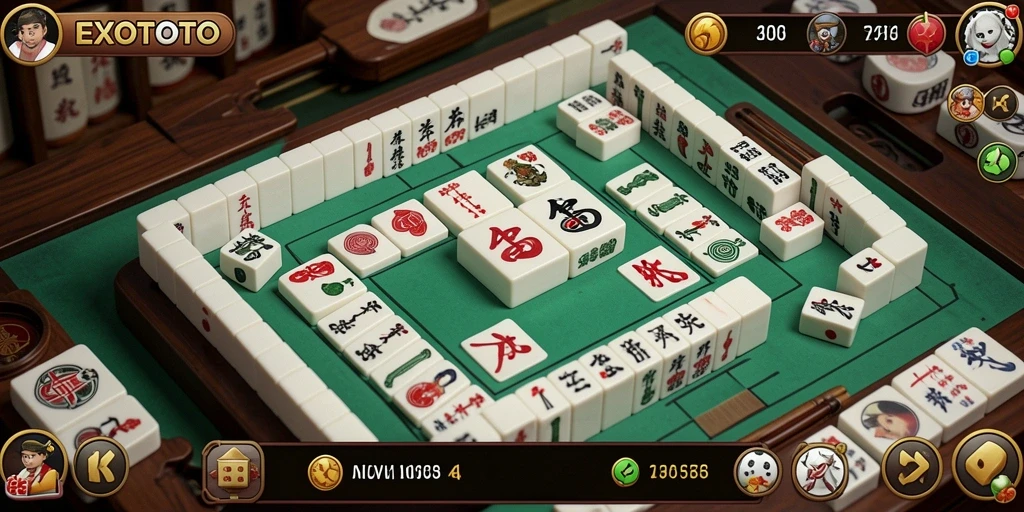 Gameplay EXOTOTO menampilkan tampilan ubin Mahjong yang berwarna-warni.
