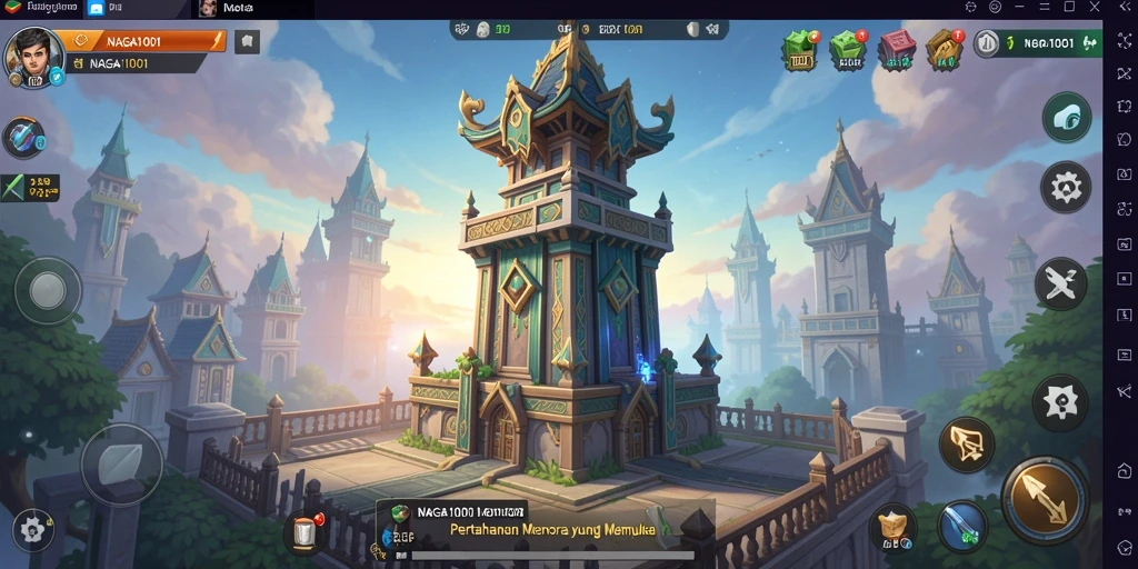 Screenshot gameplay NAGA1001 menampilkan aksi tower defense yang intens.