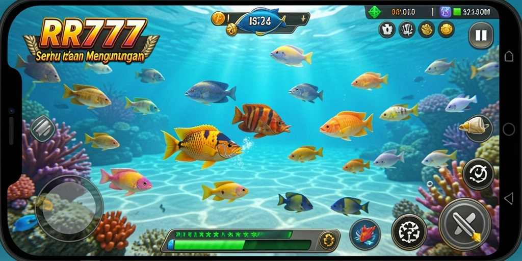 Screenshot gameplay menunjukkan aksi menembak ikan yang seru.
