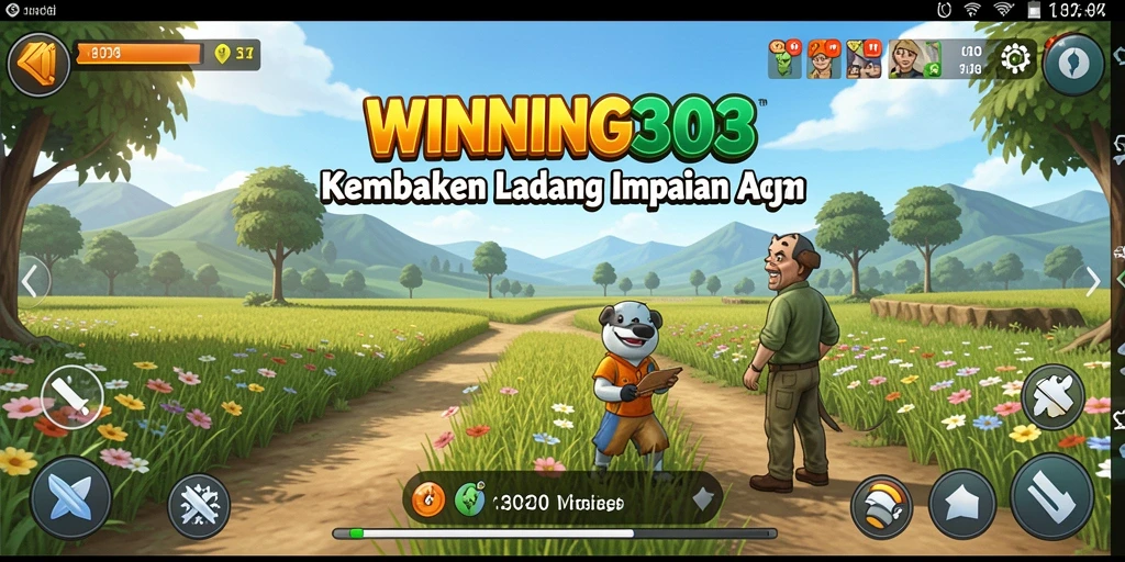 Tampilan gameplay WINNING303 dengan ladang yang subur dan hewan ternak.
